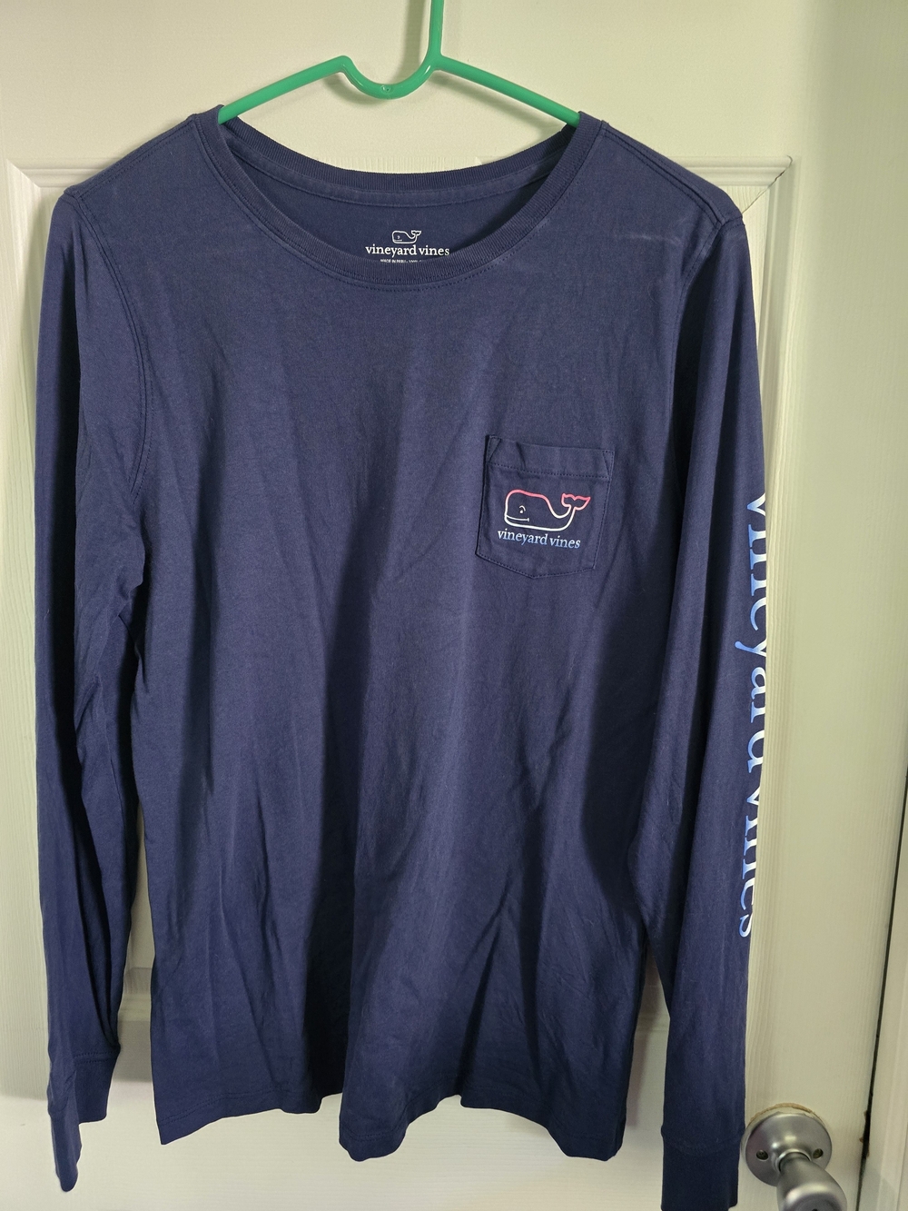 Vineyard Vines Navy Long-Sleeve Pocket Tee with Pink Whale Accent